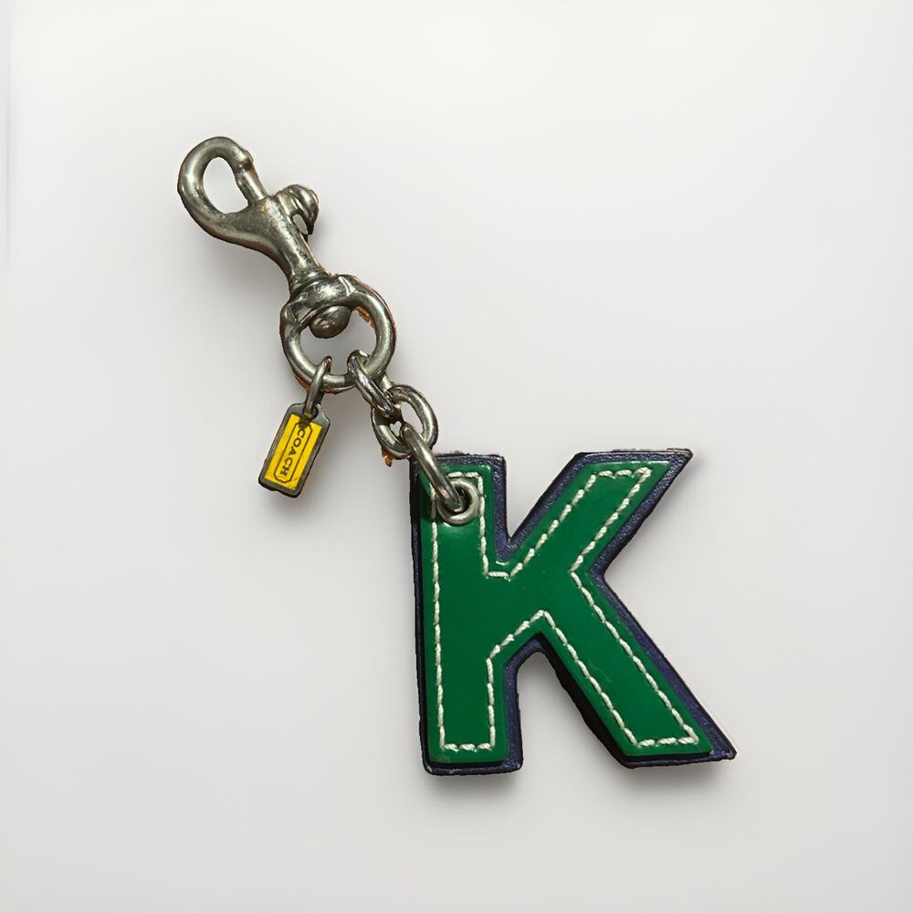 Vintage Coach Letter K Initial Bag Charm Keychain Green Navy Leather Y2K 1.75”